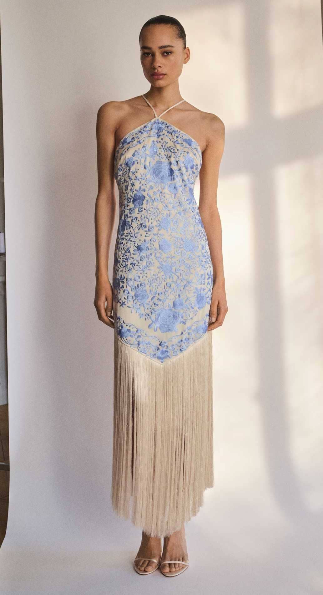 Vestido bordado flores detalle flecos de Mango