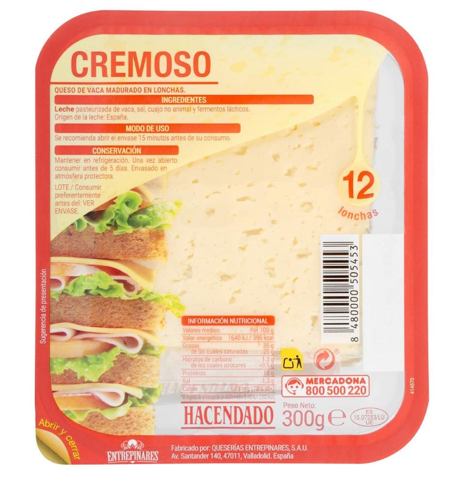 Queso lonchas cremoso de vaca Hacendado