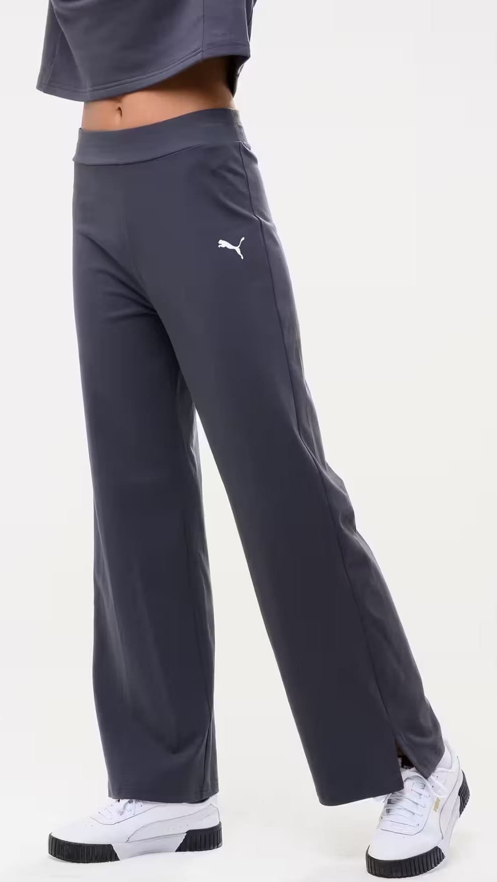El nuevo pantalón para mujer gris oscuro con corte recto de algodón de Puma en Decathlon