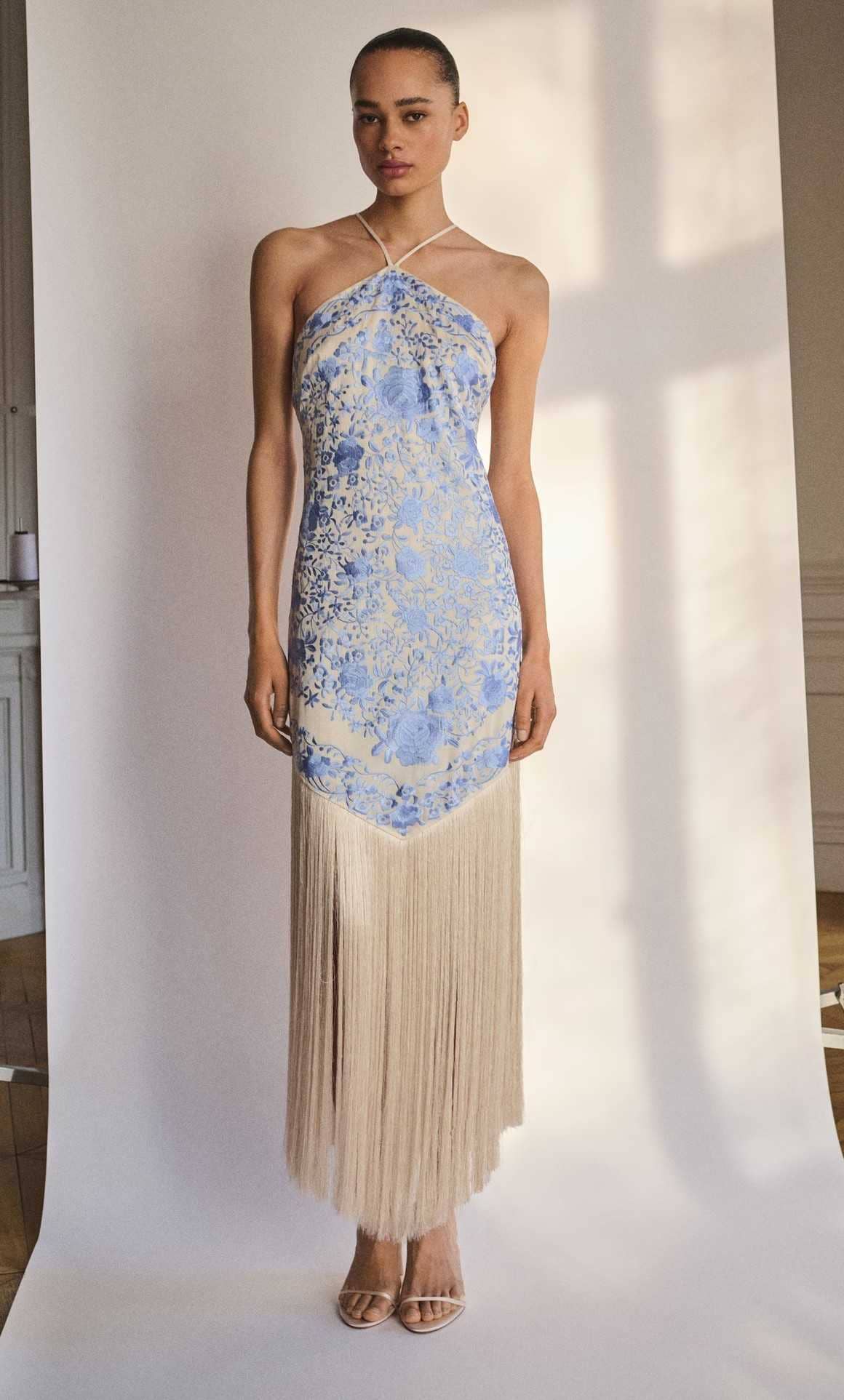 Vestido bordado flores detalle flecos de Mango