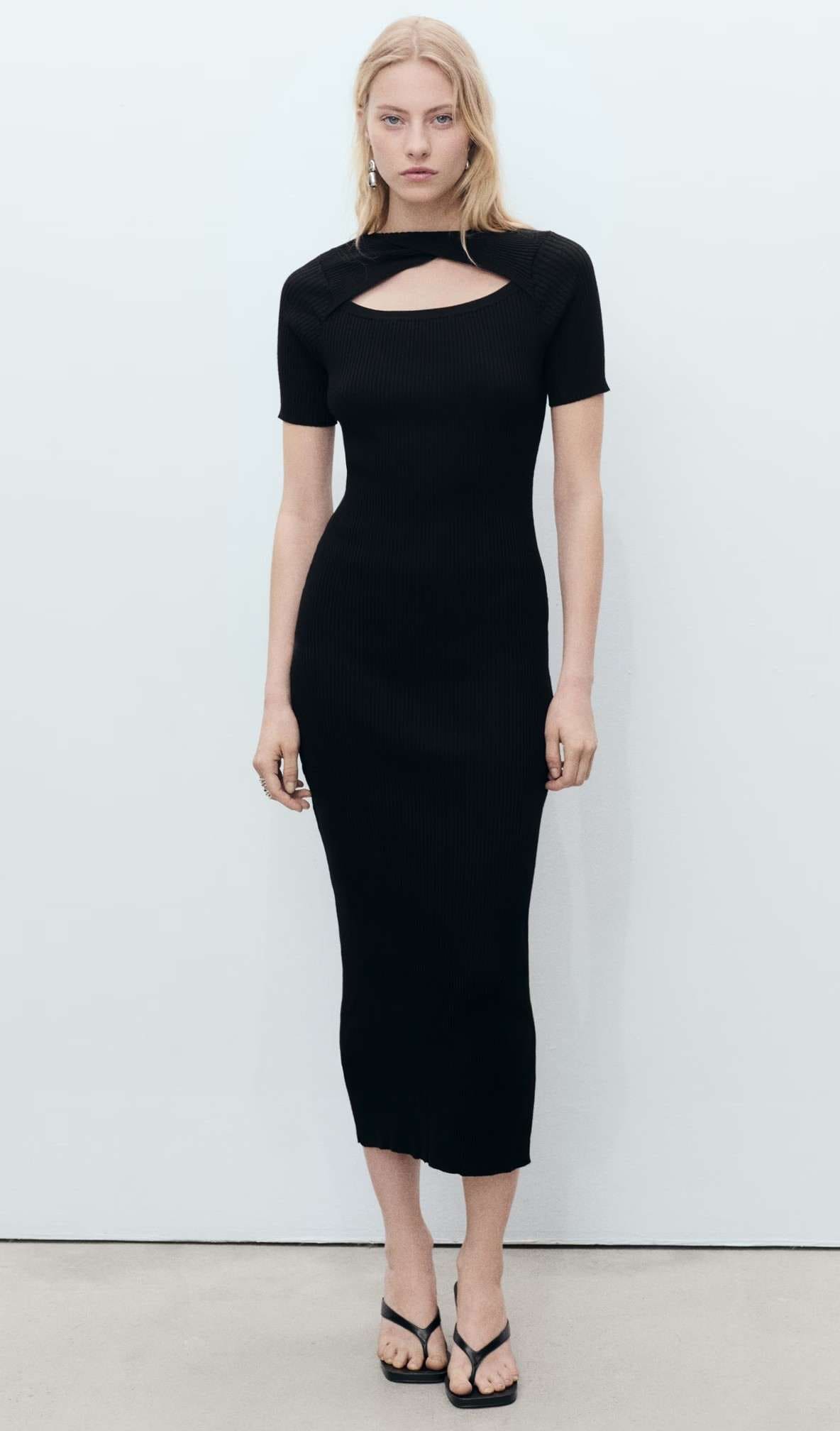 Vestido midi canalé escote abertura de Mango