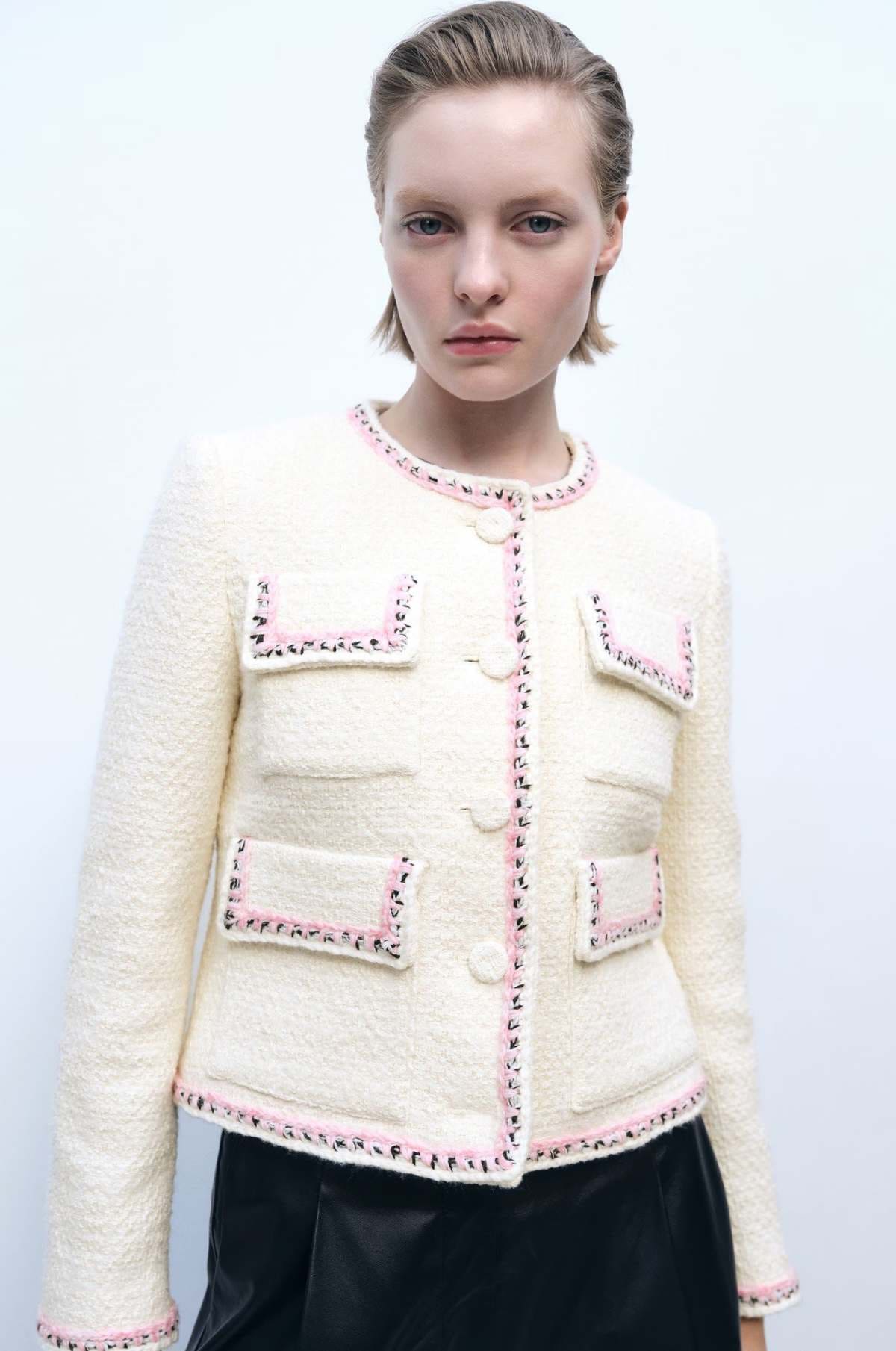 Chaqueta tweed ribetes contraste de Mango