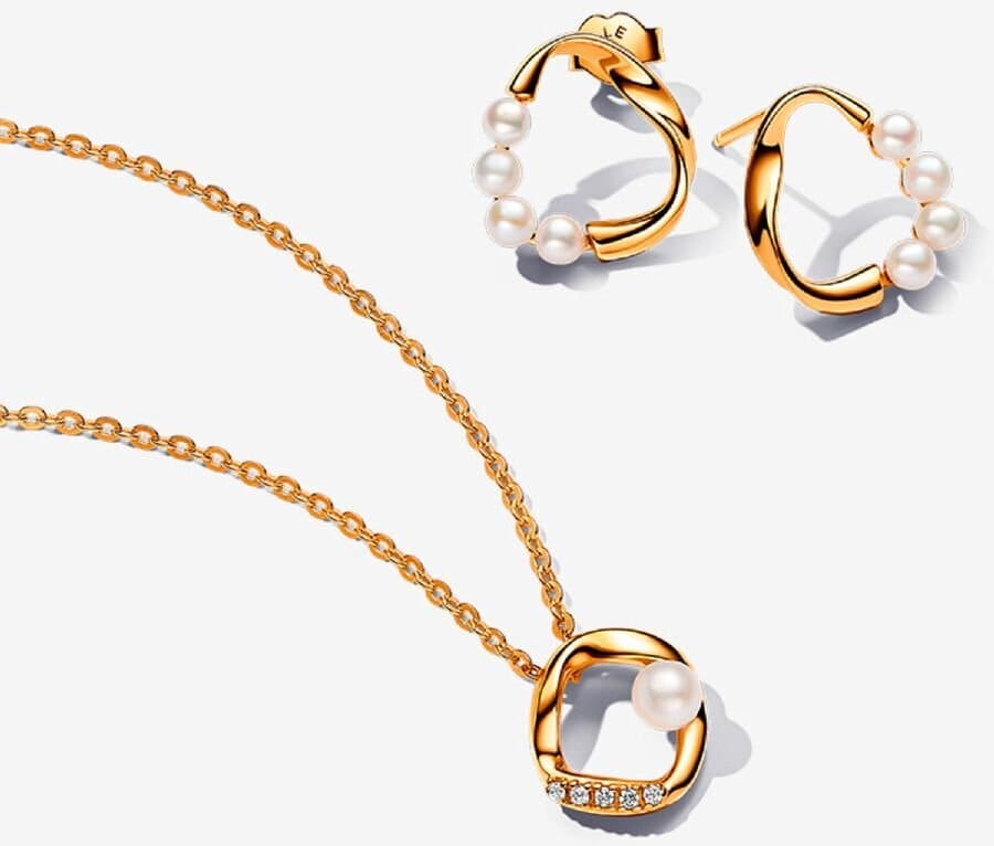 El nuevo conjunto de regalo de pendientes y collar Círculo Perla Cultivada de Agua Dulce de Pandora