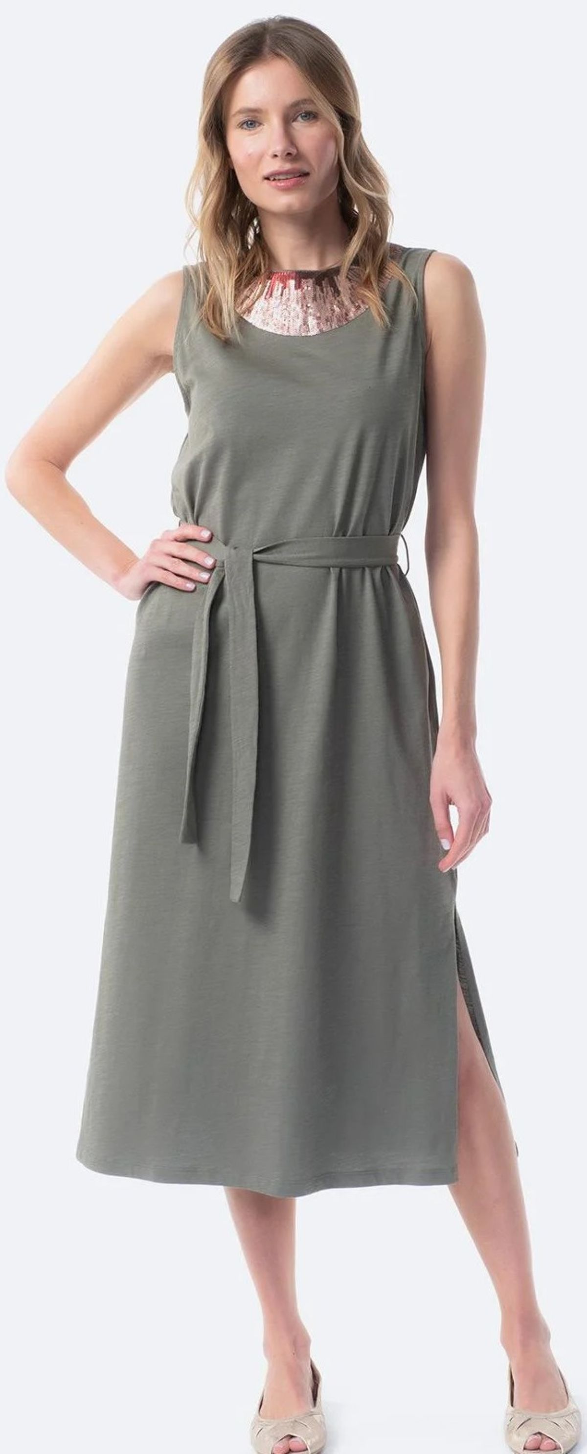 Vestido largo de punto caqui TEX de Carrefour