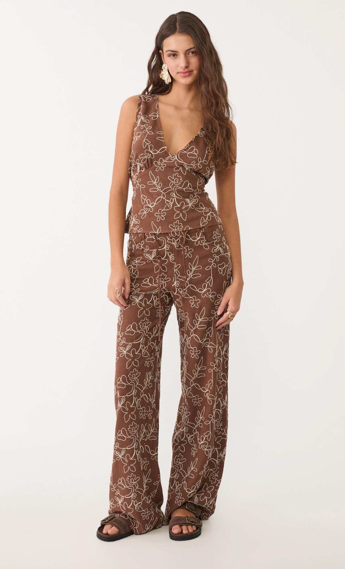 Pantalón straight bordados con lino de Stradivarius