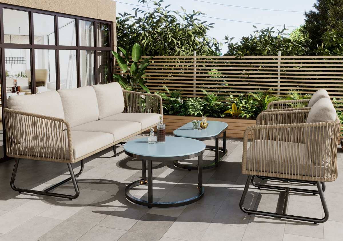 Mobiliario de jardín modular en hierro galvanizado 1 sofá 3 plazas 2 sillones mesas de centro nido de Leroy Merlin