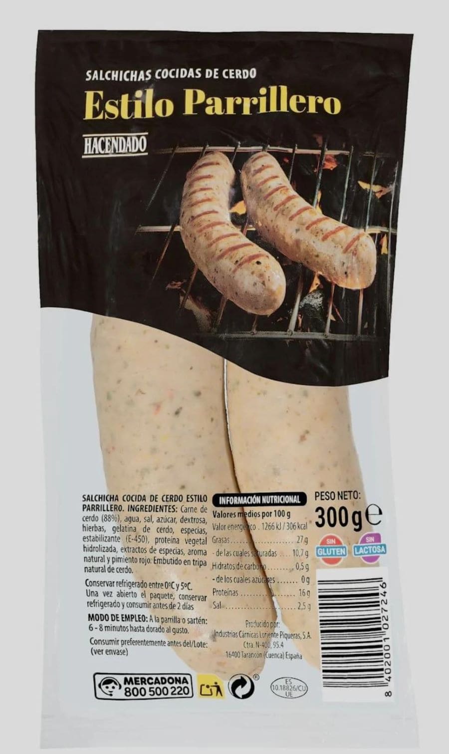 Salchichas cocidas de cerdo estilo parrillero Hacendado