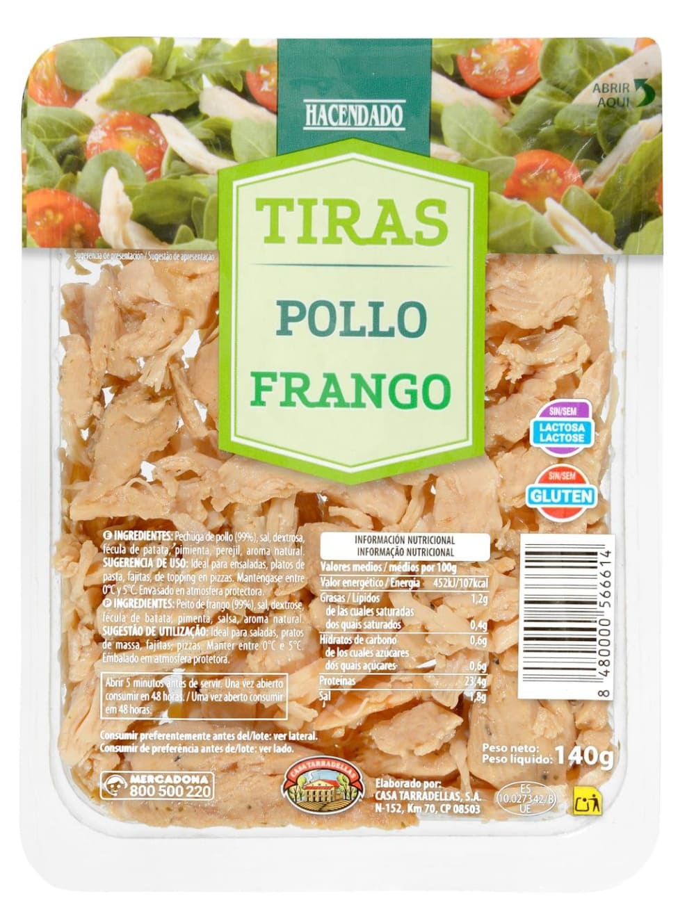 Tiras de pechuga de pollo al natural Hacendado