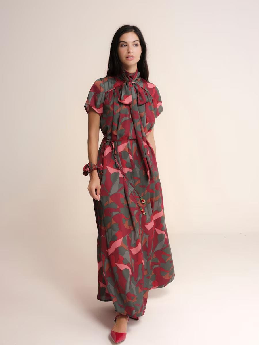 Vestido largo de cuello redondo con lazo manga corta Niza