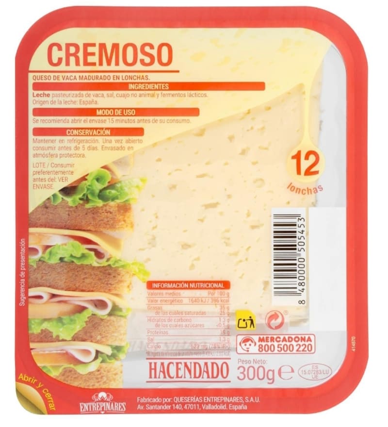 Queso en lonchas cremoso de vaca Hacendado