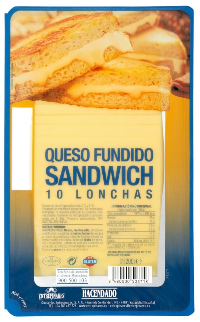 Queso en lonchas fundido sándwich mezcla Hacendado