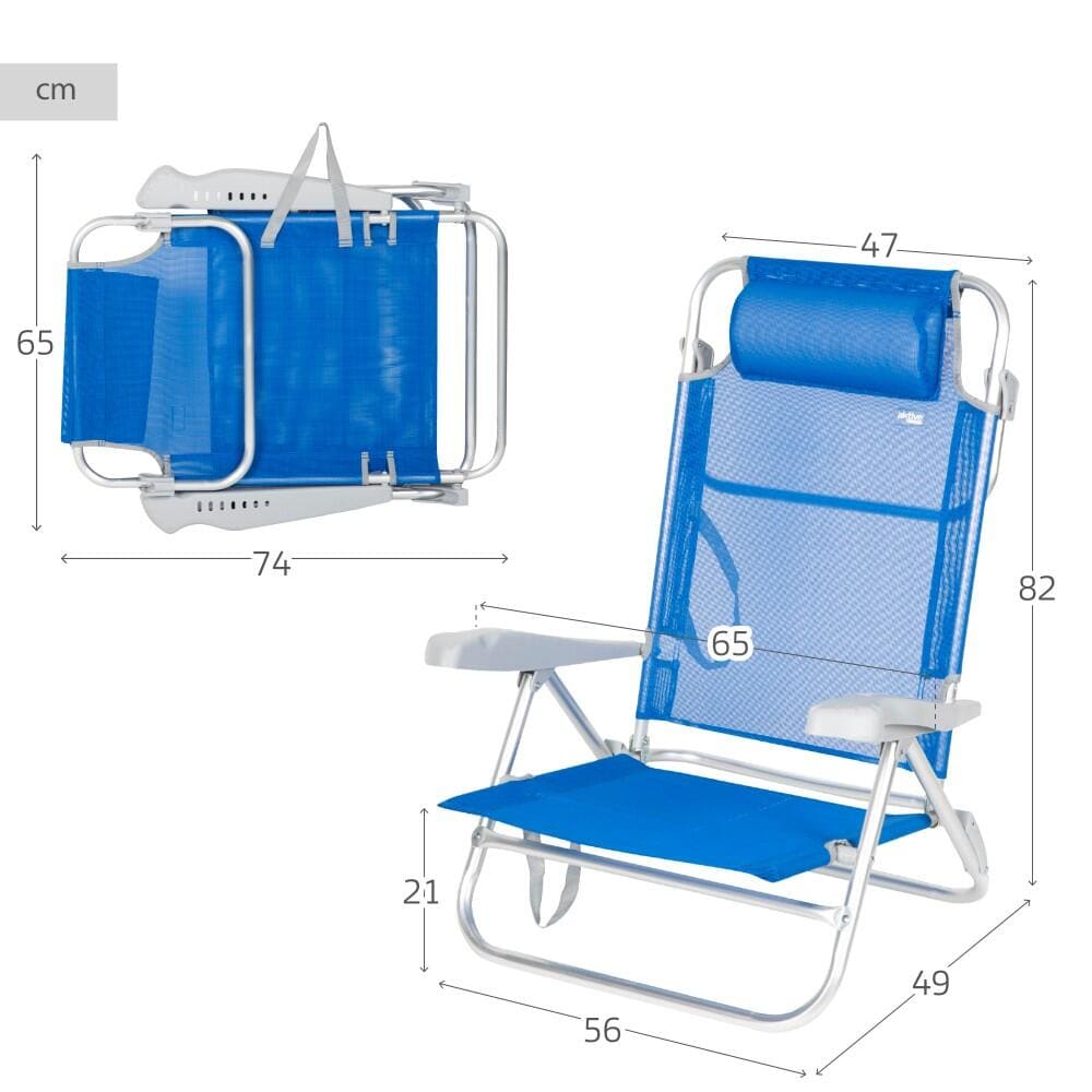 Aktive Silla de playa plegable y reclinable 8 posiciones azul cojín y asas de Decathlon