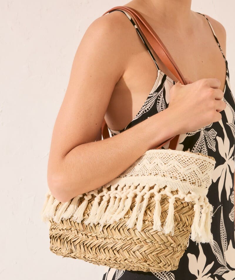 Bolso capazo rafia y encaje