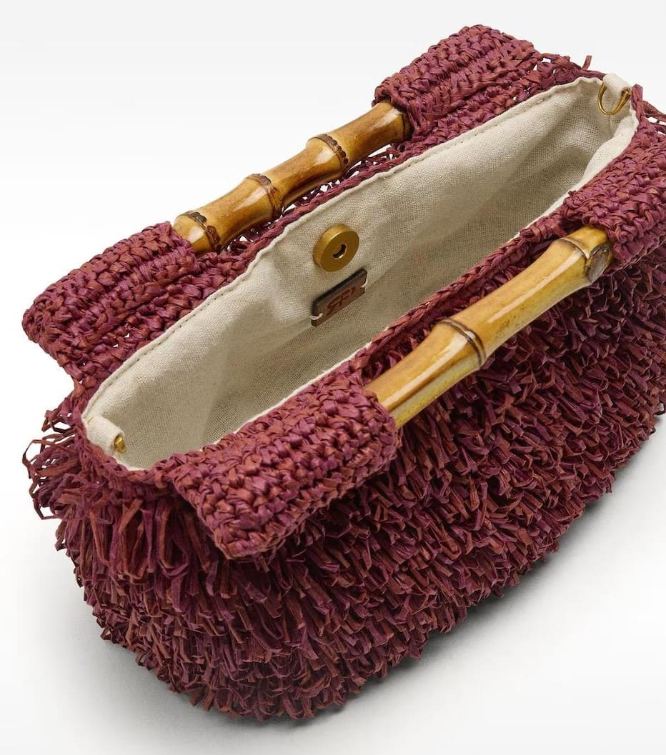 Bolso de fiesta multiposición efecto rafia con asa de bambú y cierre imantado