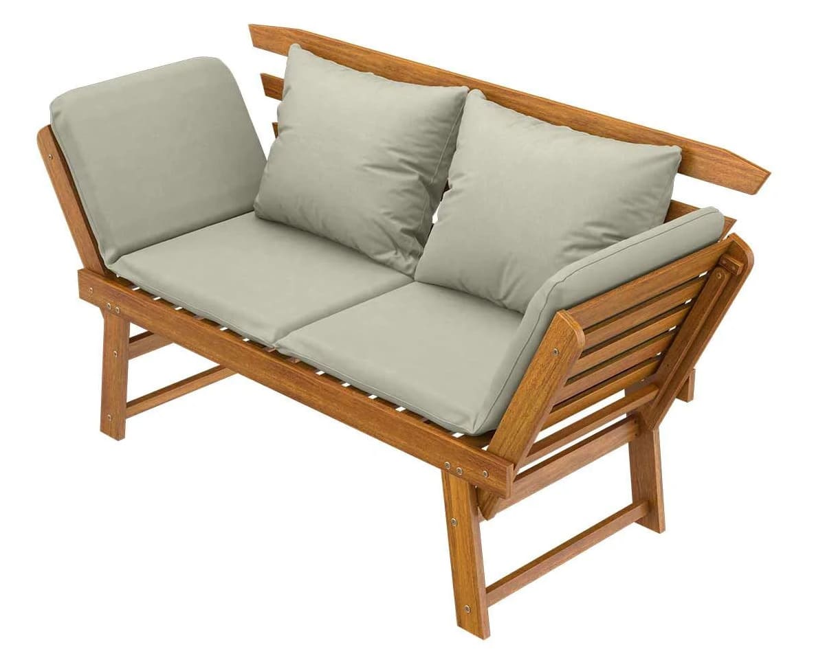 El banco de madera de acacia para jardín con cojines grises de Lidl