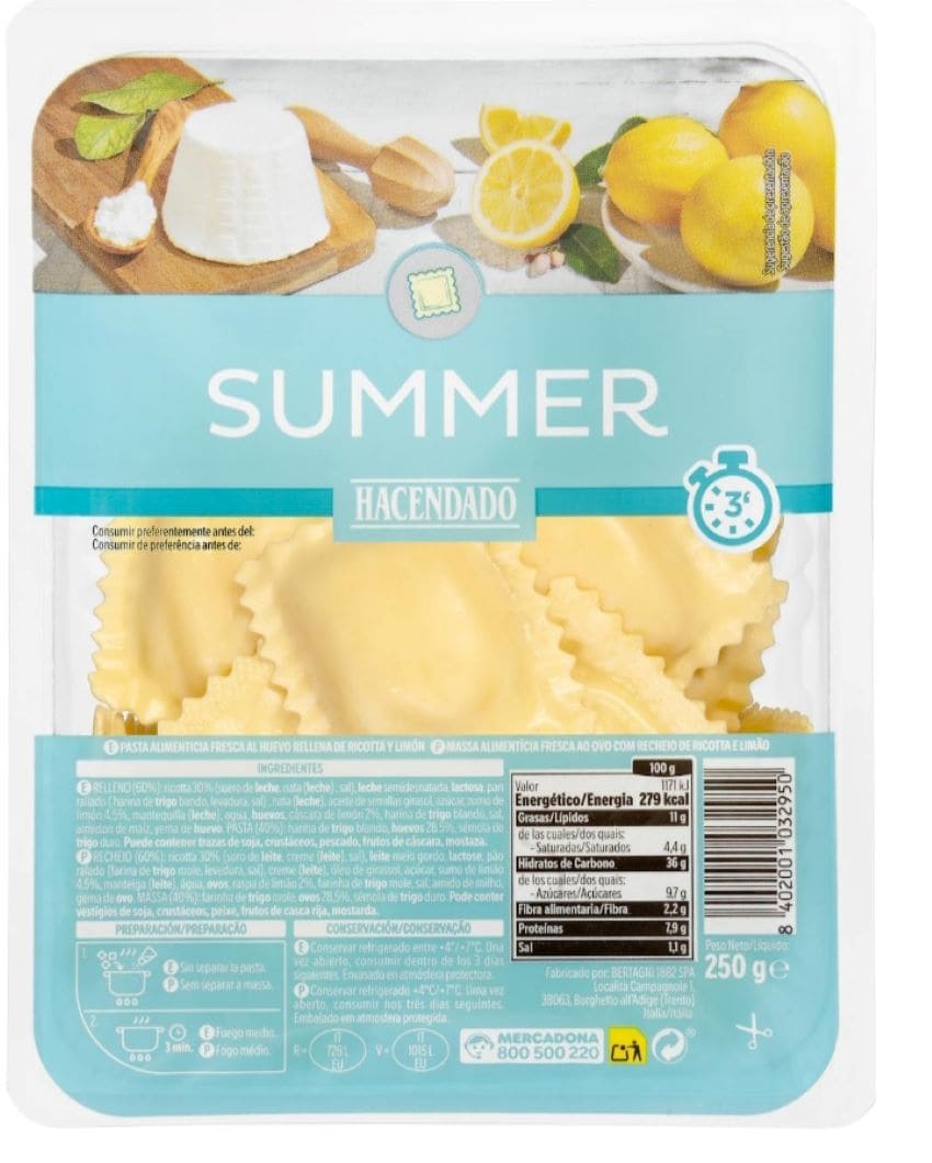 Pasta fresca ravioli ricotta y limón Summer Hacendado