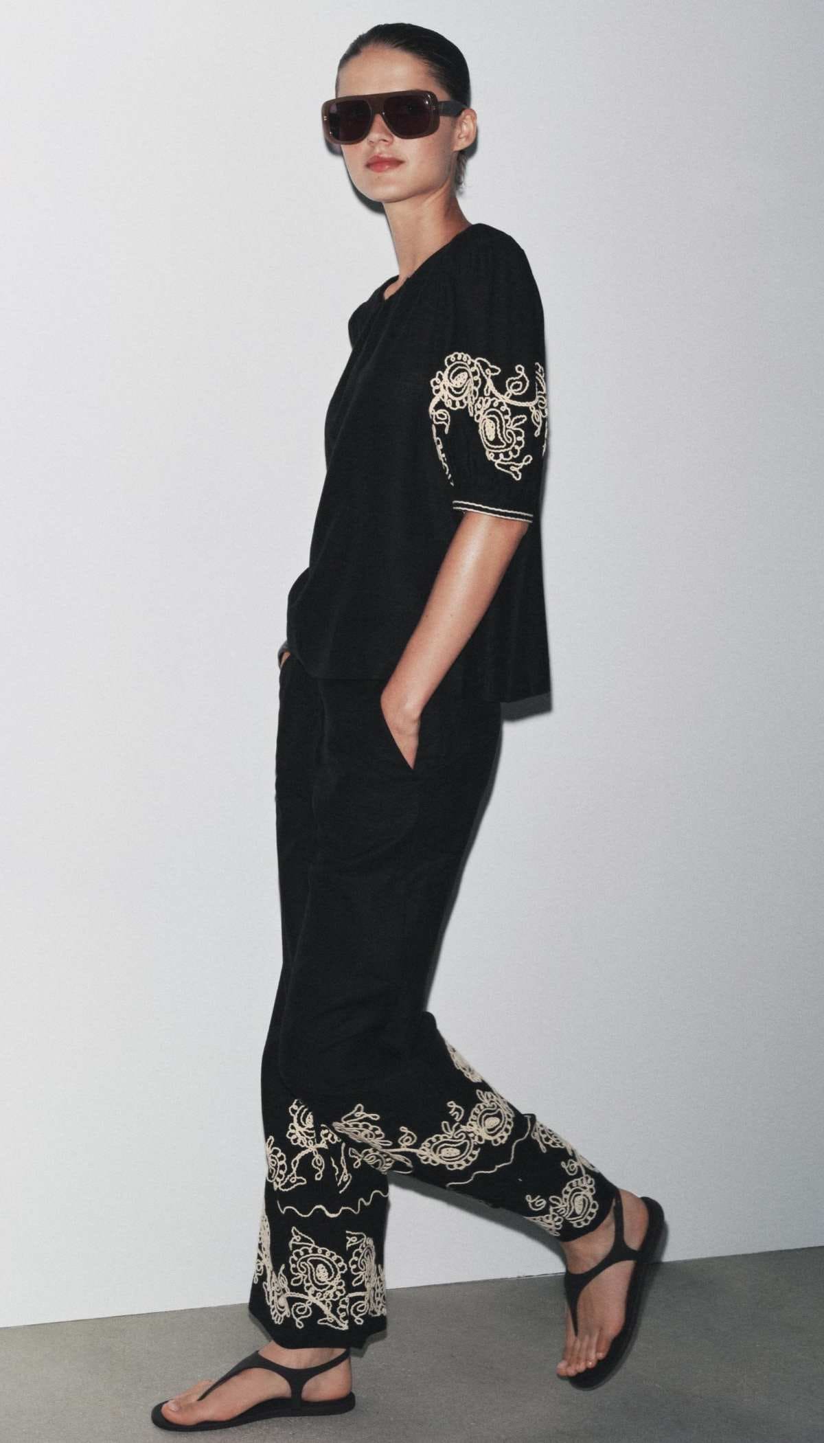 Pantalón culotte bordados mezcla lino zw collection de Zara