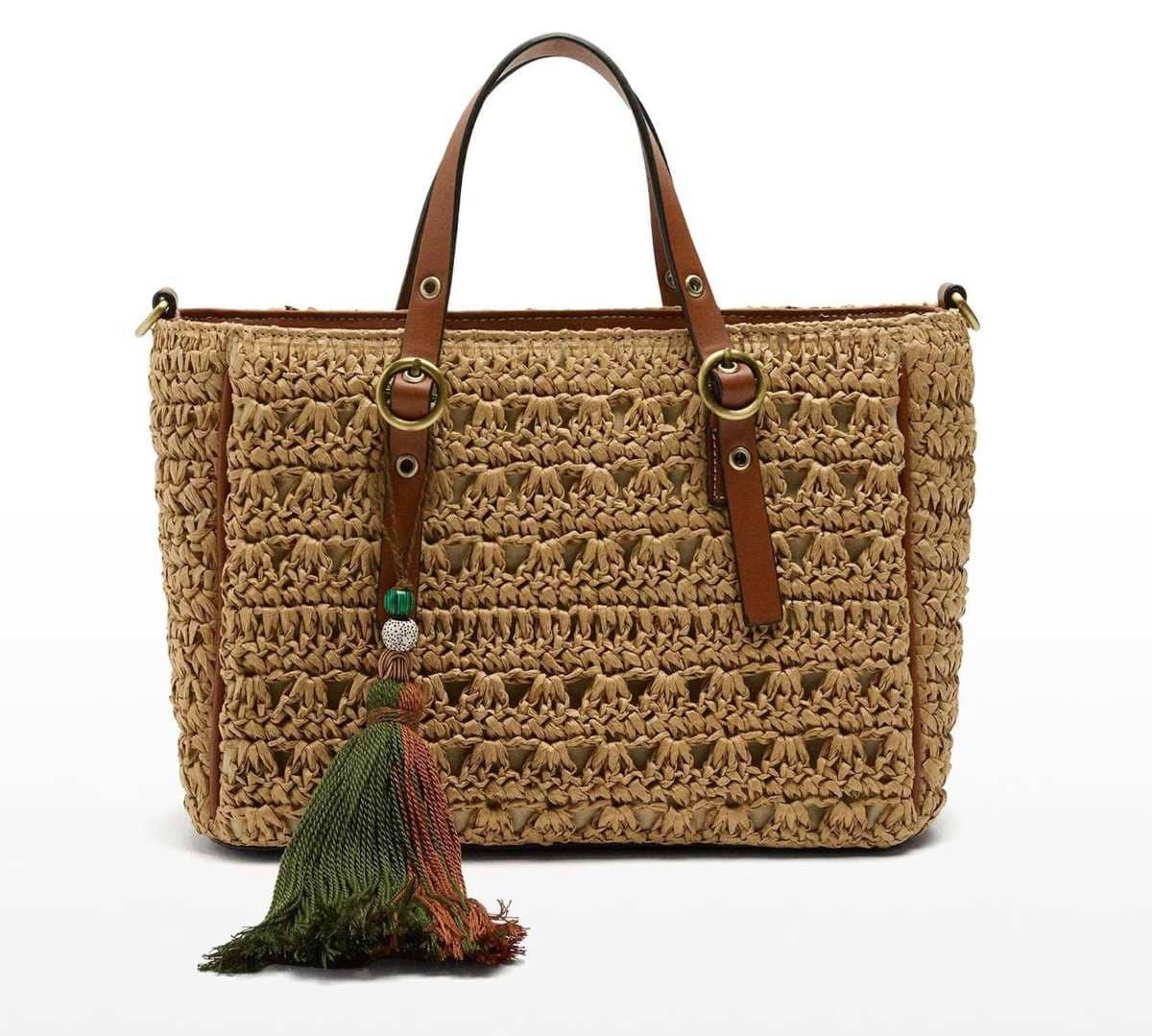 Parfois Bolso de mano estilo tote efecto rafia convertible a bandolera con cierre de cremallera y flecos de El Corte Inglés