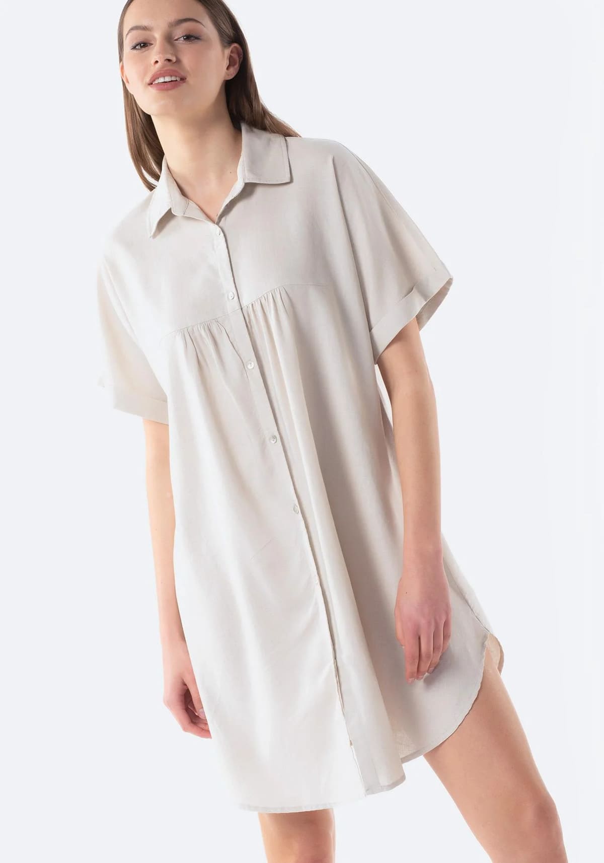 Vestido corto manga corta con lino TEX