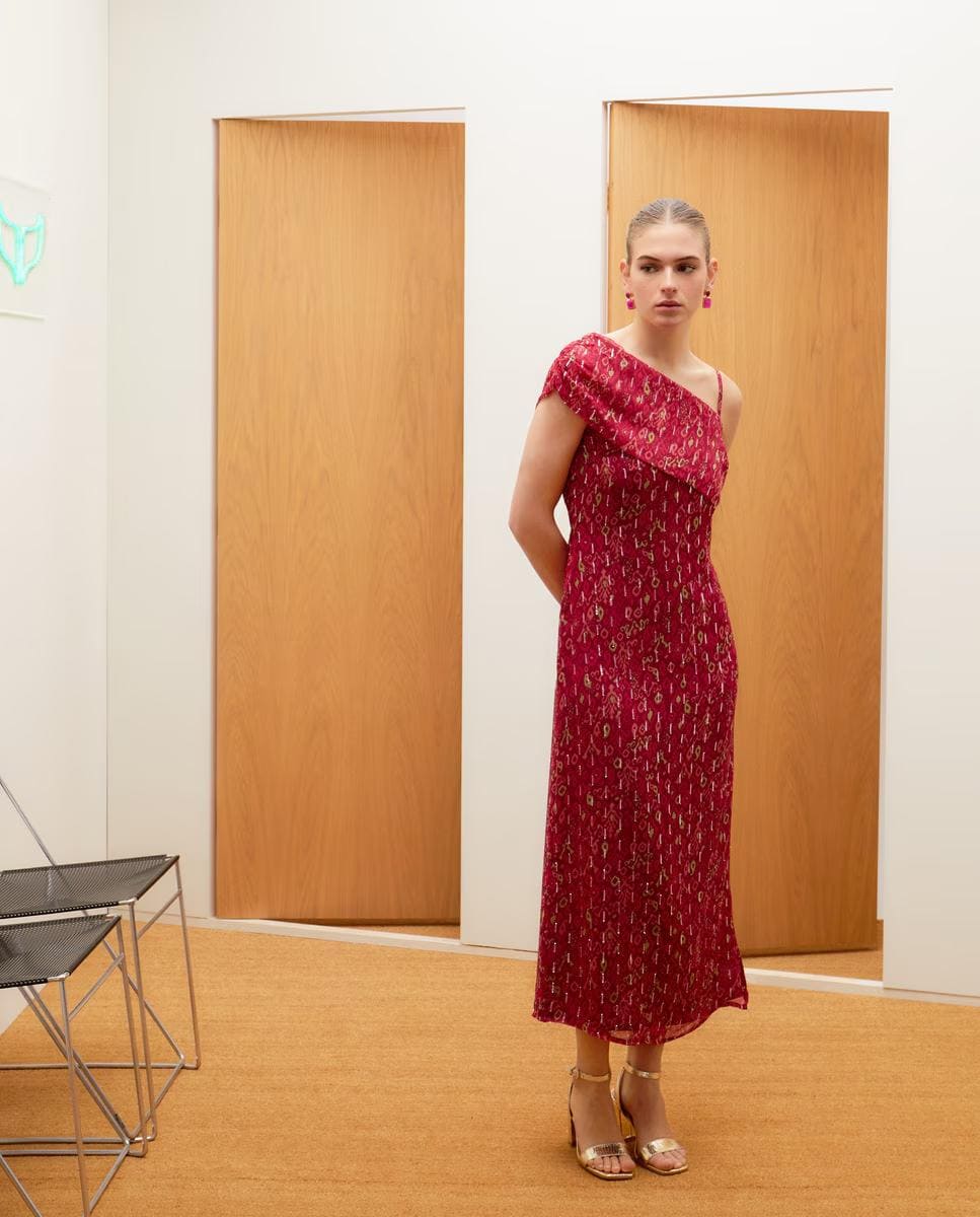 Vestido largo drapeado con acabado print, Green Coast