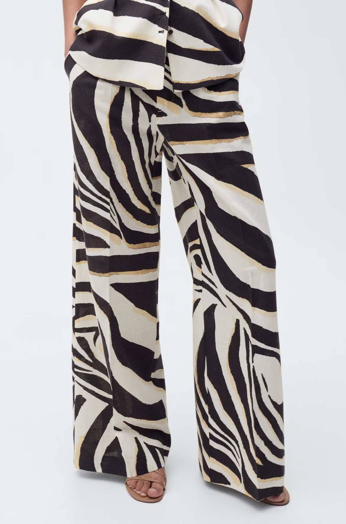 Pantalón lino wideleg cebra de Mango