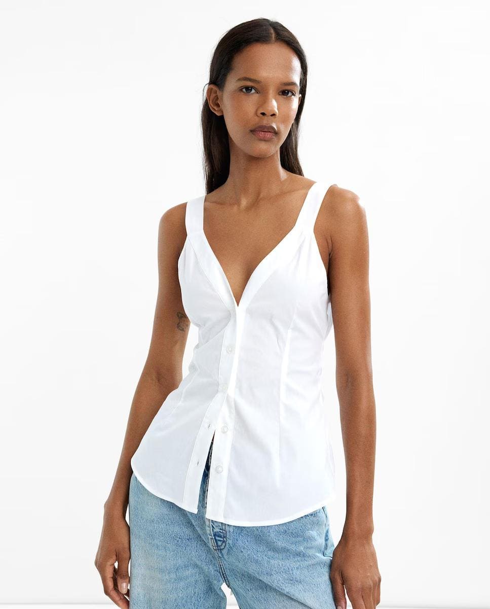 Top de tirantes con botones en liso con fruncido trasero