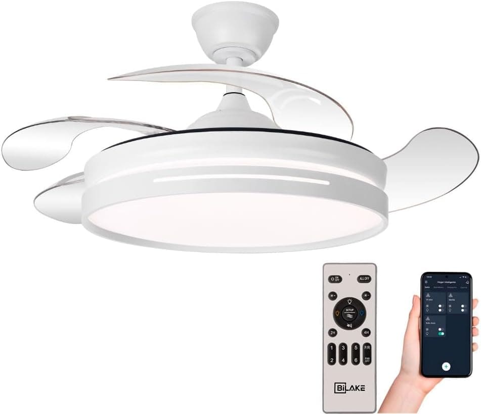 El nuevo ventilador de techo con luz silencioso y con aspas retráctiles de Bilake en Amazon