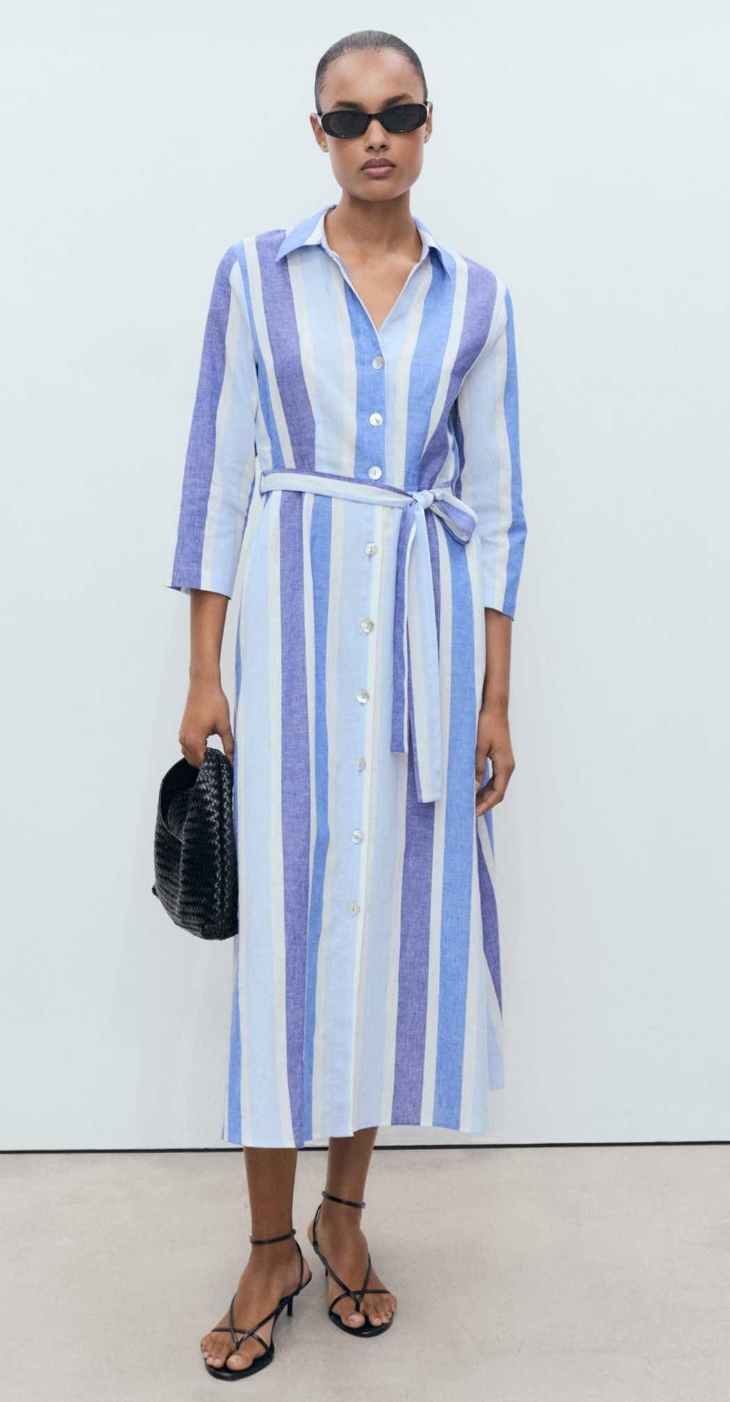 Vestido lino rayas cinturón de Mango