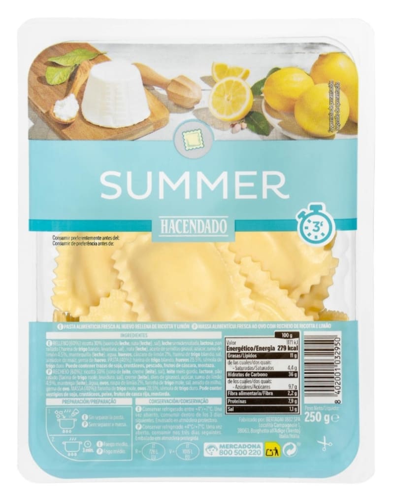 Pasta fresca ravioli ricotta y limón Summer Hacendado