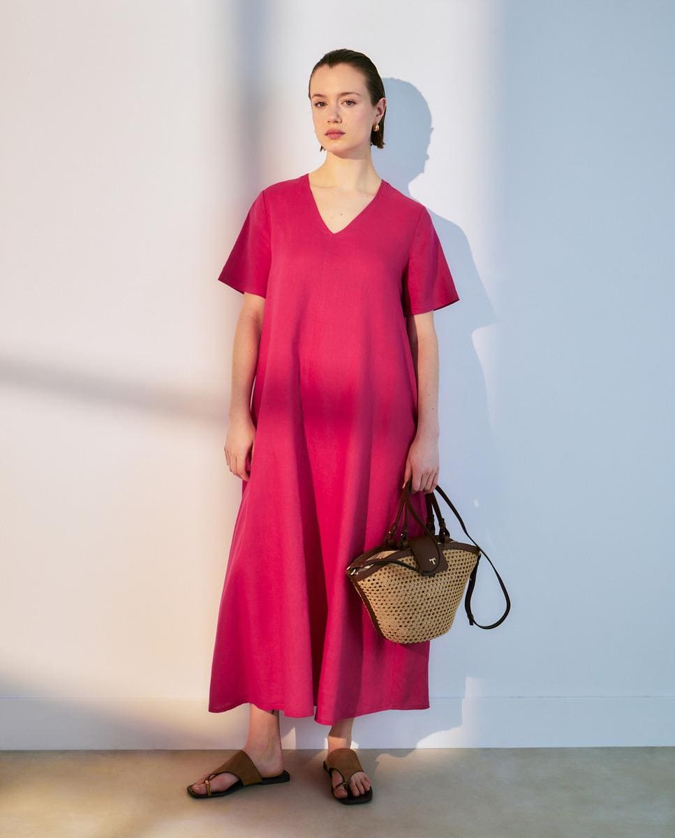 Vestido de lino largo de manga corta, Woman El Corte Inglés