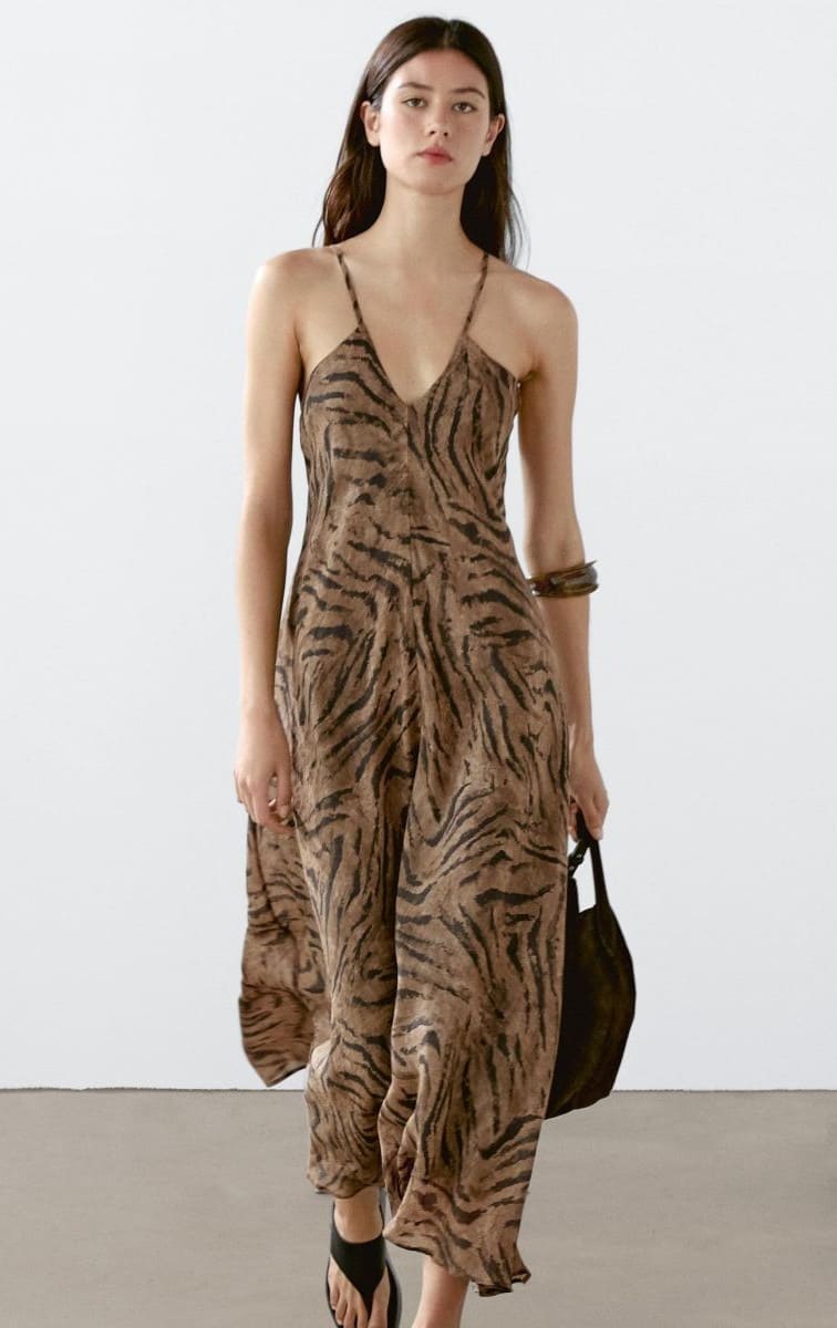 Vestido largo animal print con ramio