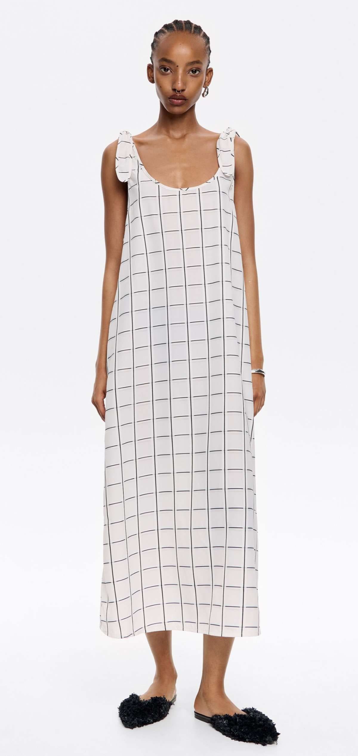 Vestido línea A lazos cuadros marfil de Bimba y Lola