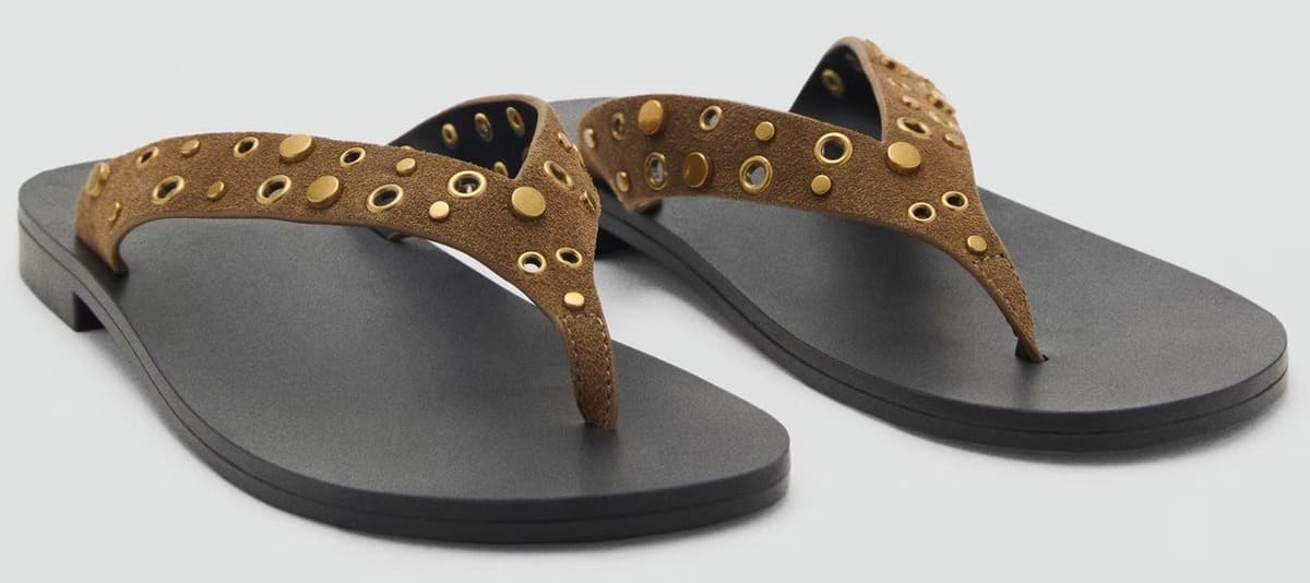 Las sandalias de serraje con tiras eyelets en color caqui de Mango