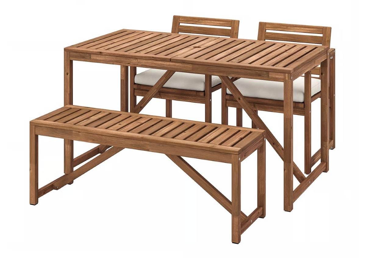 NÄMMARÖMesa con 2 sillas y banco exterior de Ikea