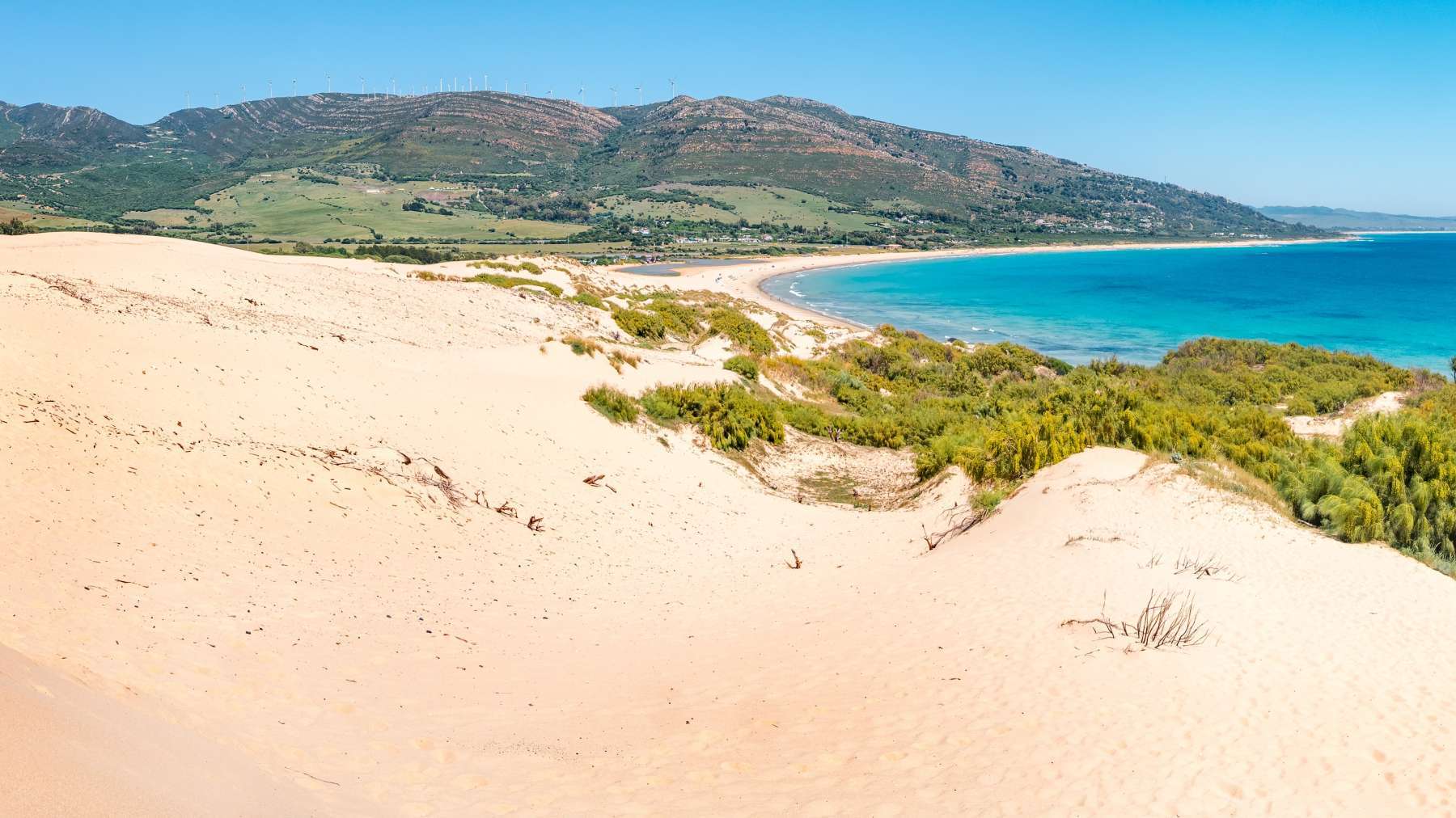 Playa de Valdevaqueros vista desde la duna de Valdevaqueros, Tarifa, Cádiz, Andalucía