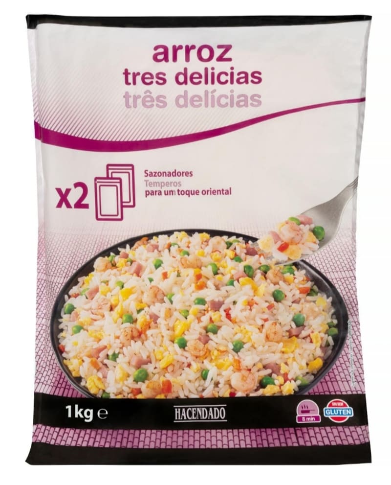 Arroz tres delicias Hacendado ultracongelado con 2 sazonadores