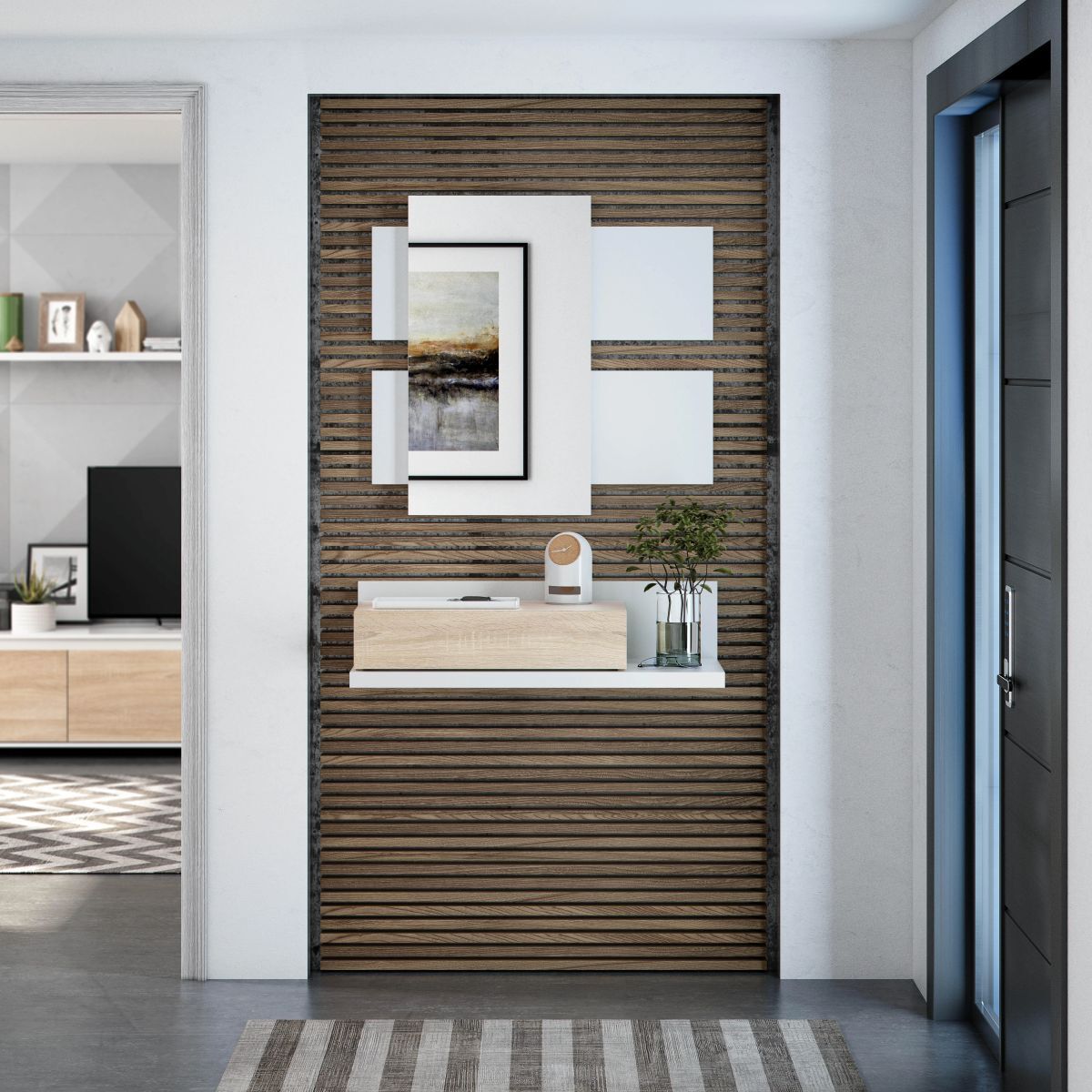 Mueble recibidor Tekka con espejo blanco y roble de Leroy Merlin