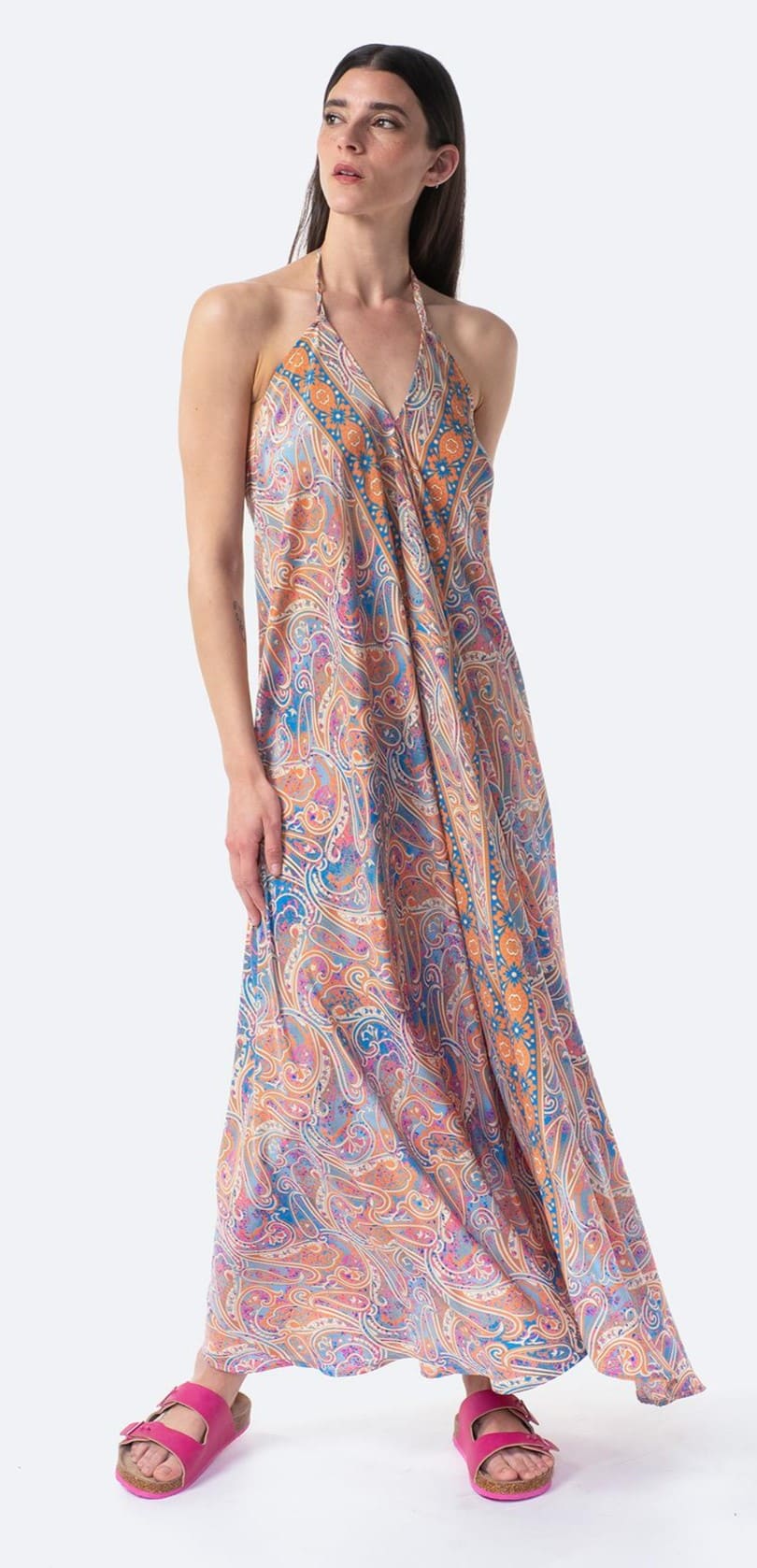 Vestido largo de tirante fino con estampado, TEX