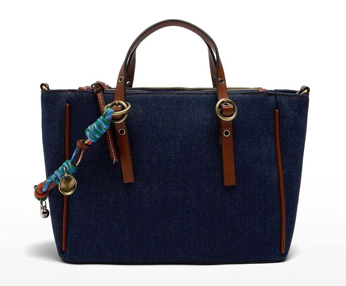 Parfois Bolso de mano estilo tote convertible a bandolera con cierre de cremallera en liso efecto denim con llavero extraíble en El Corte Inglés