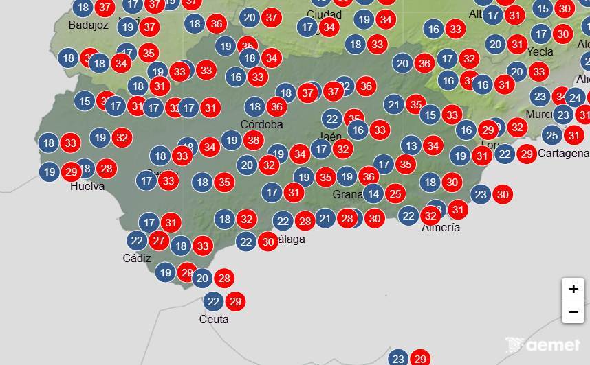 Previsión de temperaturas en Andalucía el sábado 23 de agosto