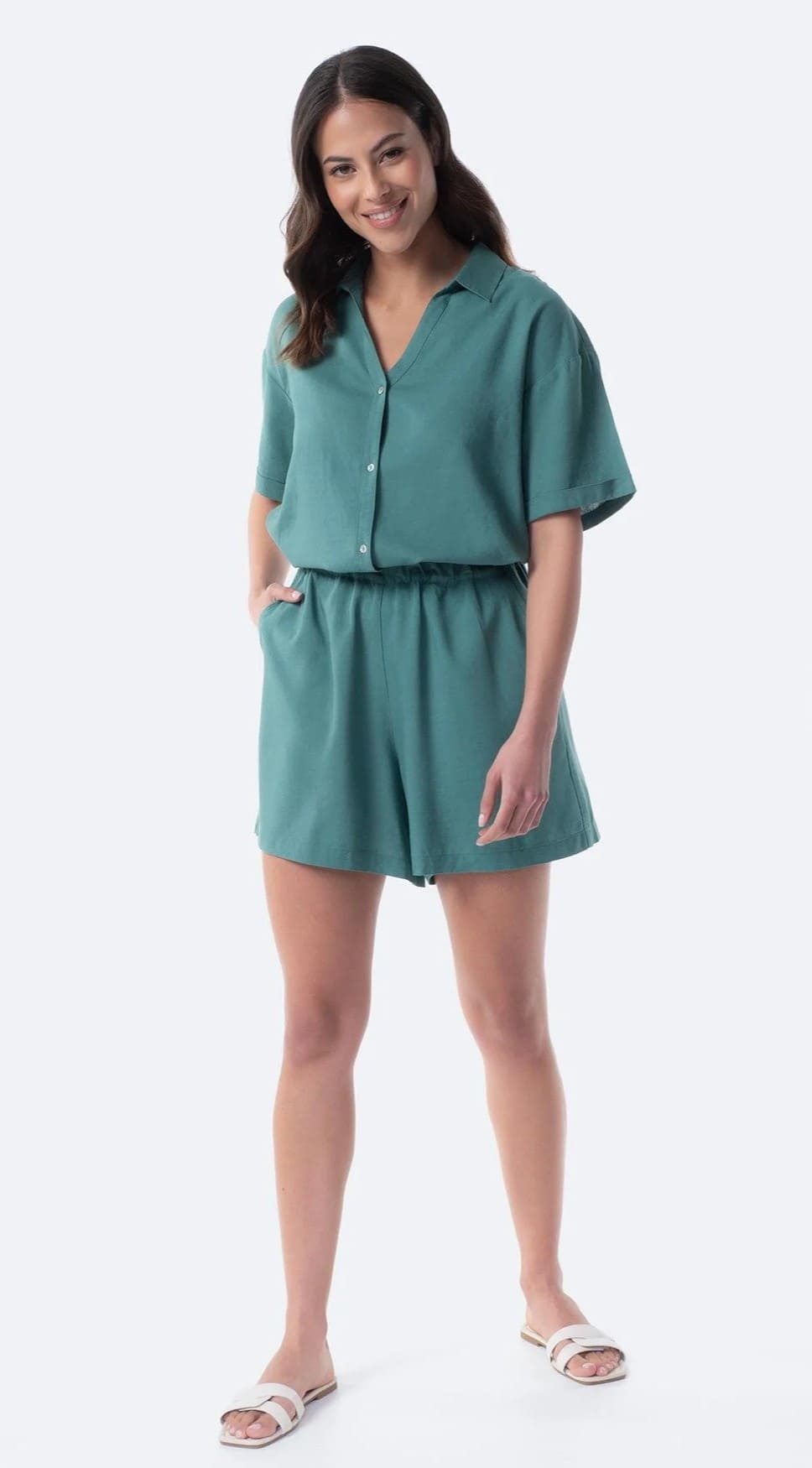 Pantalón corto liso con lino de Mujer TEX de Carrefour