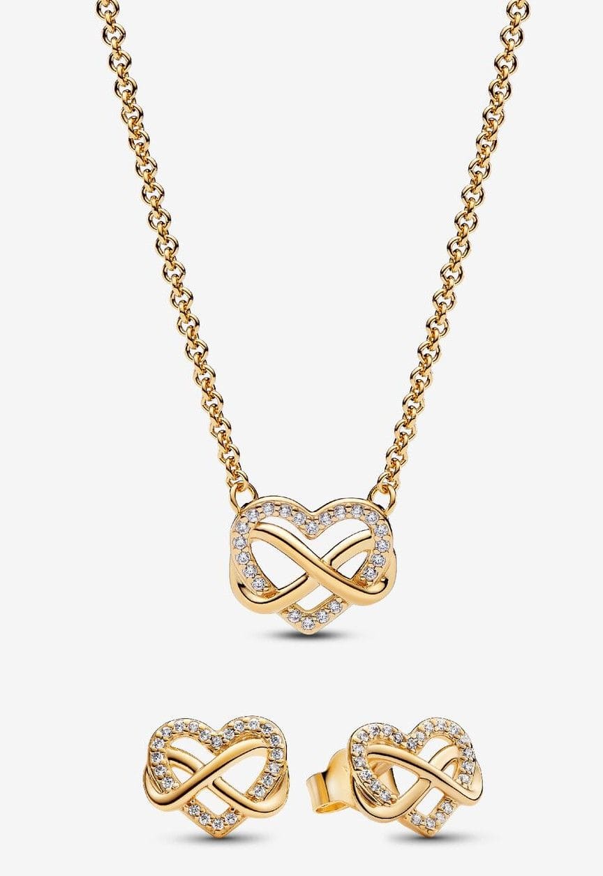 Conjunto de pendientes de botón y collar Corazón Infinito Brillante de Pandora