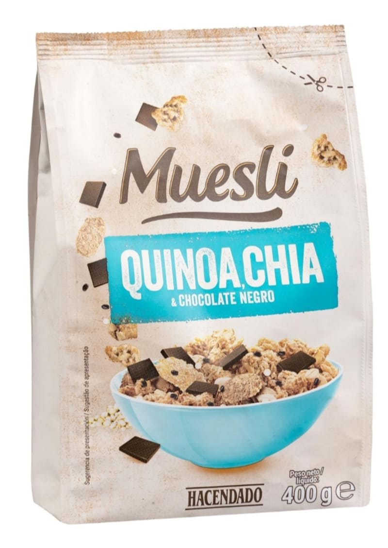 Muesli Hacendado con quinoa, chía y chocolate negro