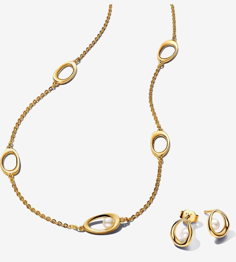 Conjunto de Regalo Collar y Pendientes Ovalados Forma Orgánica y Perla Cultivada de Agua Dulce de Pandora