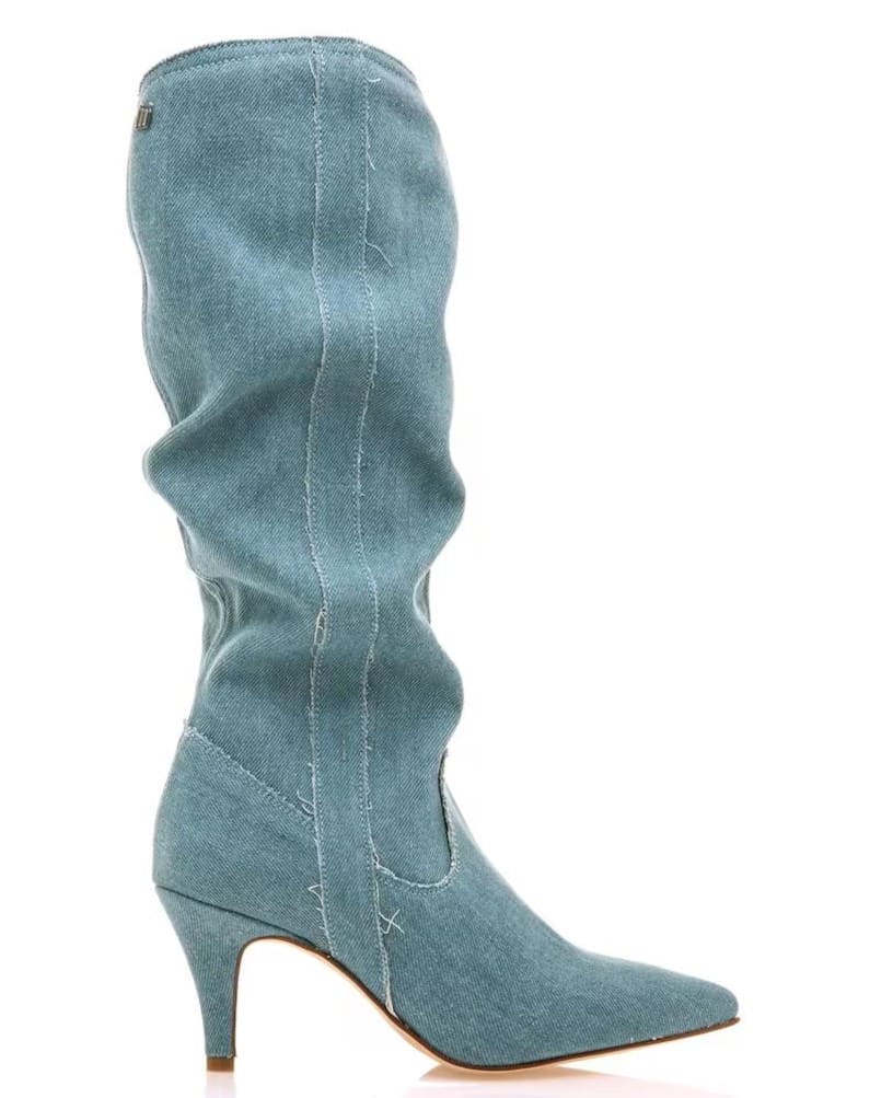 Botas altas en piel con caña arrugada y tacón fino, Mustang