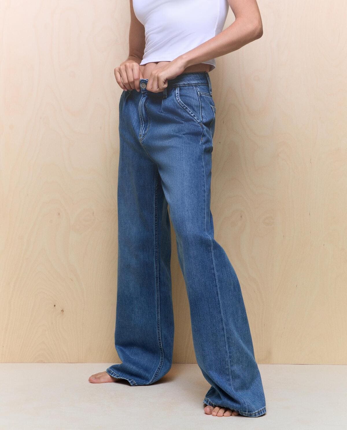 Pantalón denim wide leg con pinzas, Easy Wear