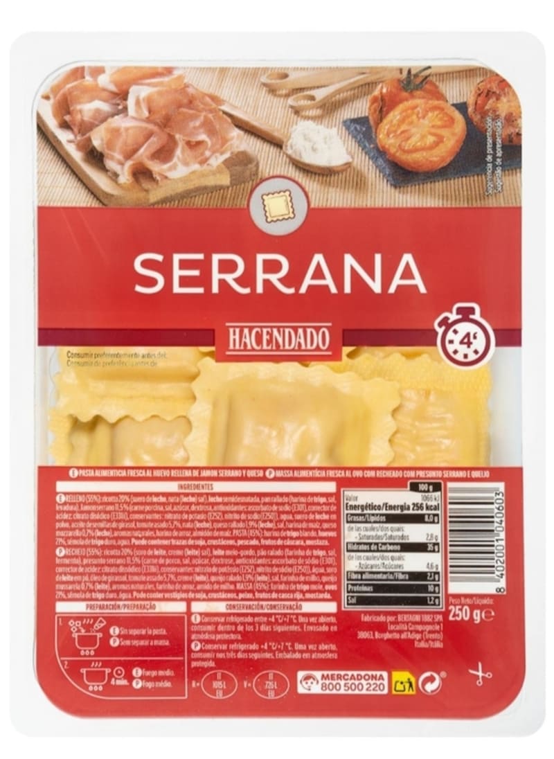 Pasta fresca ravioli jamón serrano y queso Hacendado