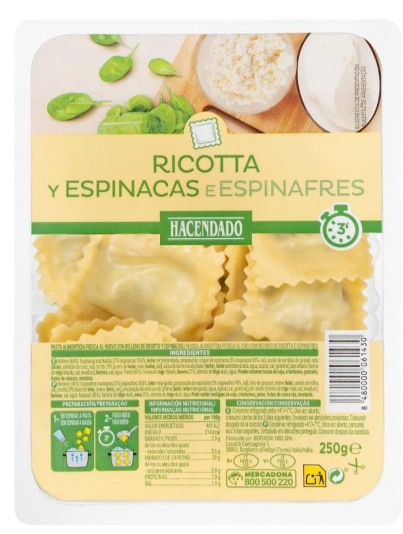 Pasta fresca ravioli ricotta y espinacas Hacendado