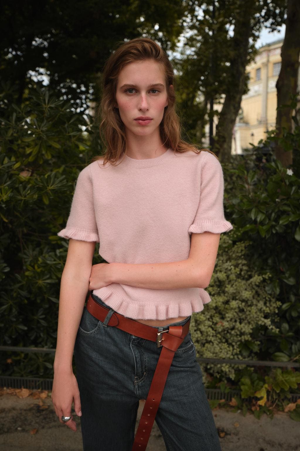 Jersey de punto manga corta con volantes, Zara