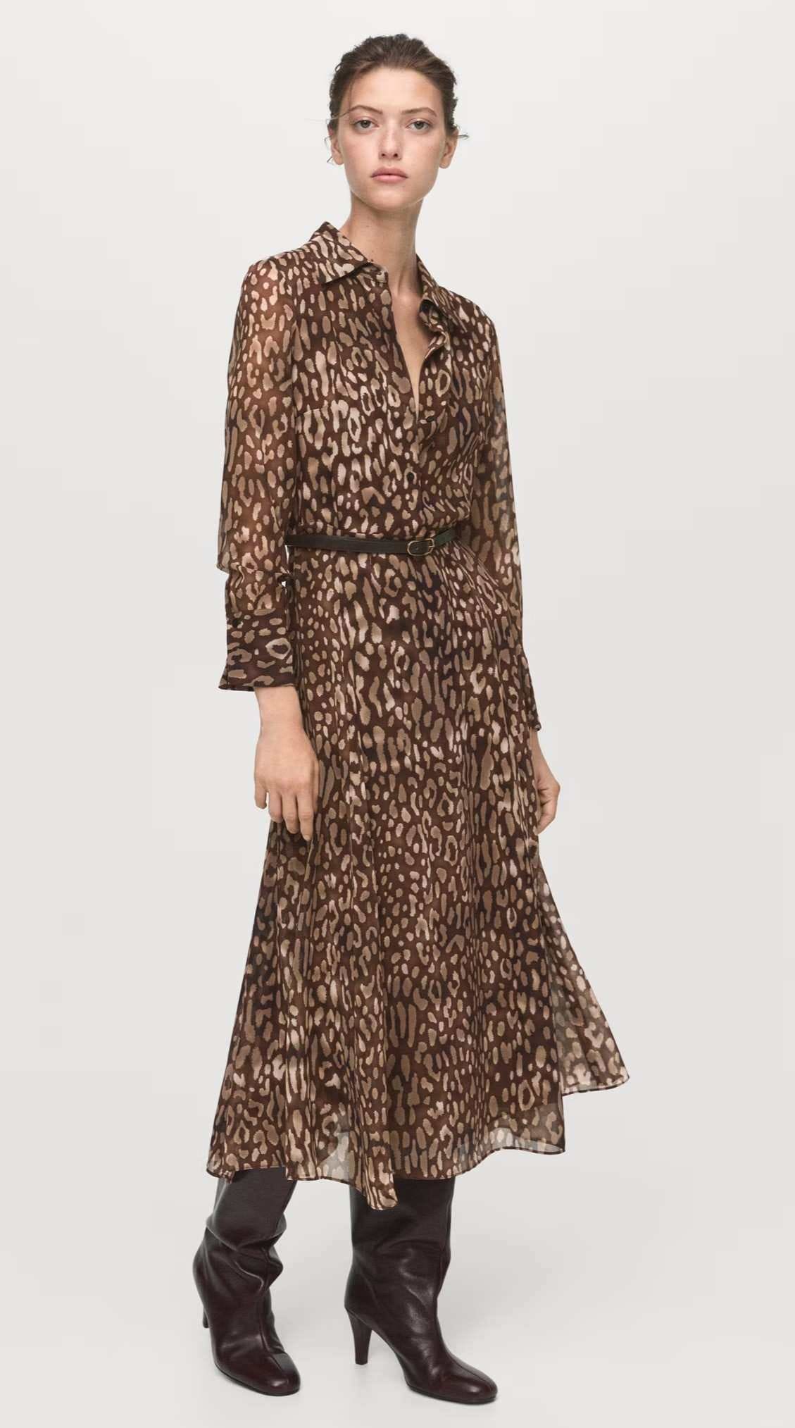 Vestido camisero leopardo cinturón de Mango